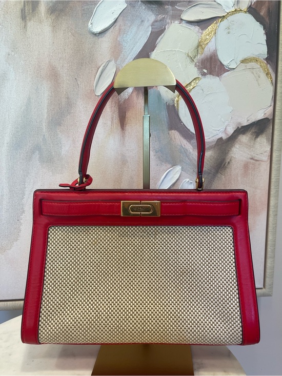 Tory Burch Handbags - Tory Burch Radziwill Red Leather-Trim Woven Satchel